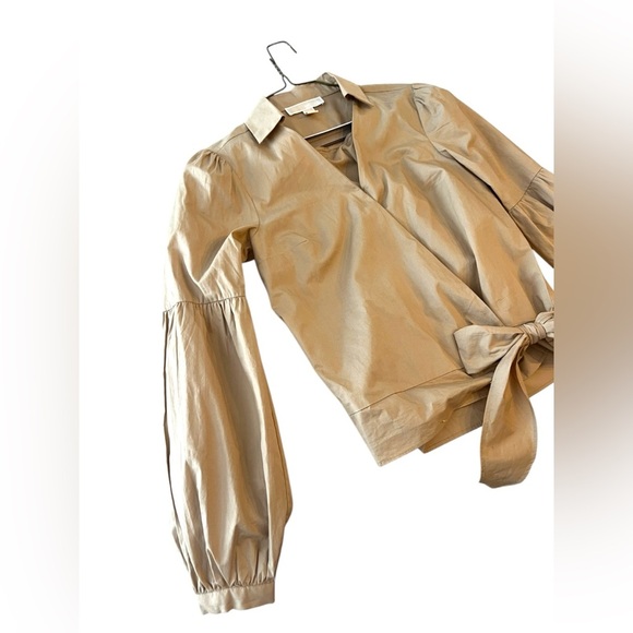 MICHAEL MICHAEL KORS Wrap Balloon-Sleeve Top Khaki Solid Collared Sz XS - Picture 3 of 10